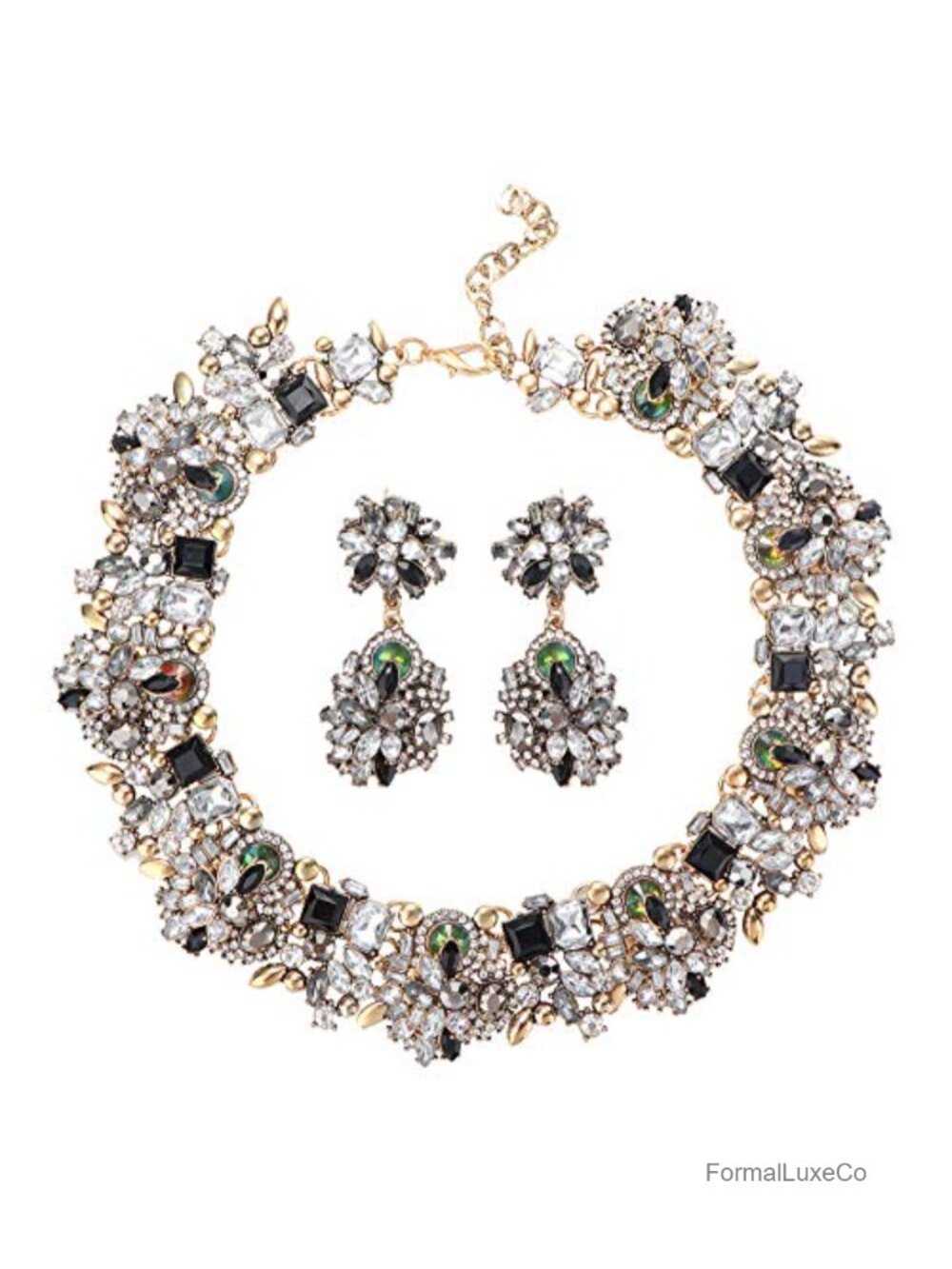Vintage Crystal Rhinestone Bib Statement Necklace and Earrings Set for Women